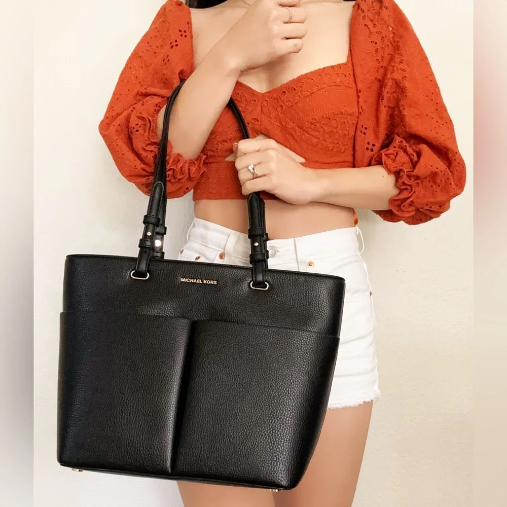 Michael Kors Bedford Black Pebbled Leather Medium Pocket Tote Shoulder